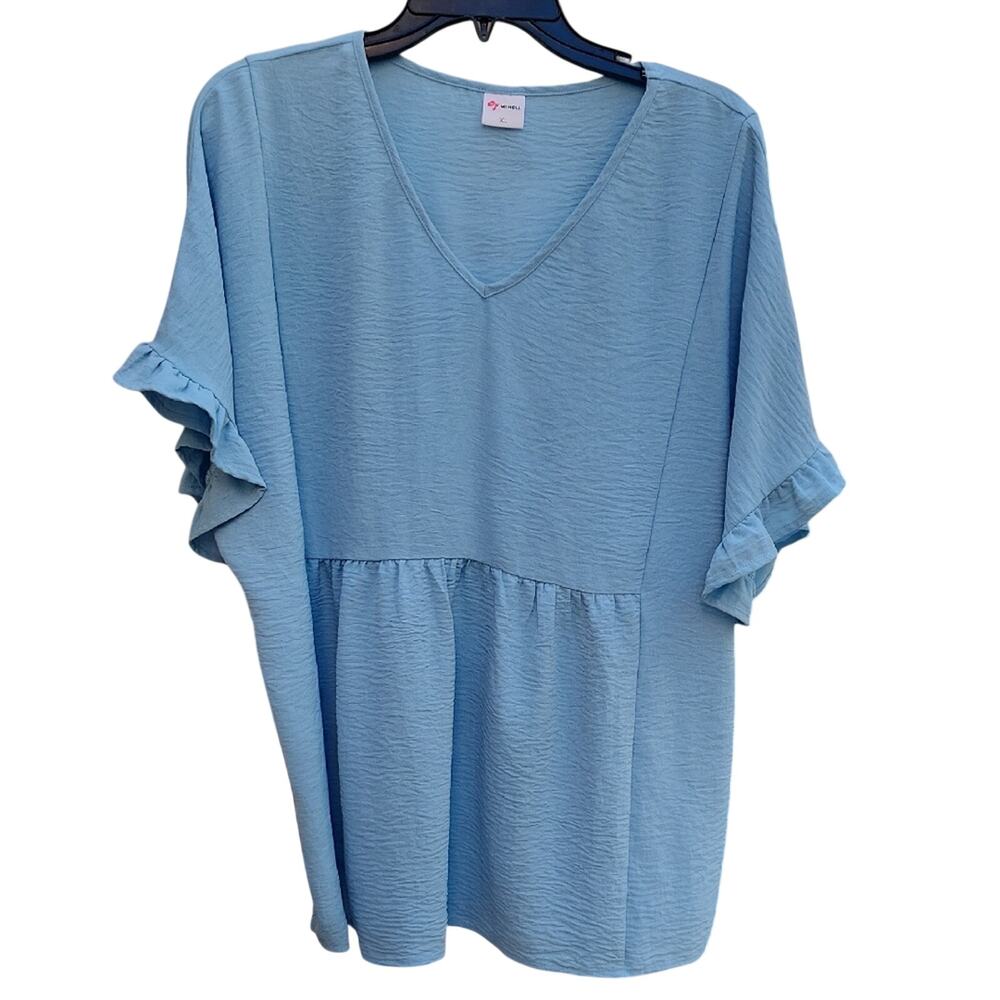 Wiholl Womens XL Light Blue V-Neck Flutter Sleeve Top